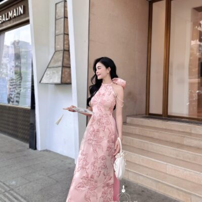 Áo dài Thư Kỳ cổ yếm gấm hoa nổi cao cấp