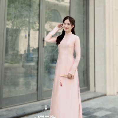 Áo dài Truyền thống lụa Vân gỗ Hồng 4 tà