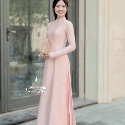 Áo dài Truyền thống lụa Vân gỗ Hồng 4 tà