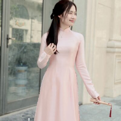 Áo dài Truyền thống lụa Vân gỗ Hồng 4 tà
