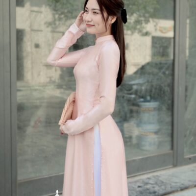Áo dài Truyền thống lụa Vân gỗ Hồng 4 tà