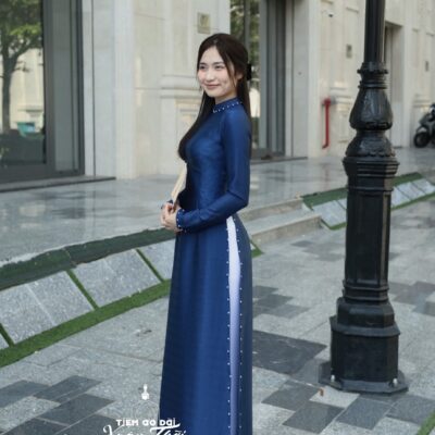 Áo dài Truyền thống lụa Vân gỗ Xanh than 4 tà