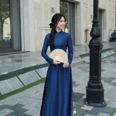 Áo dài Truyền thống lụa Vân gỗ Xanh than 4 tà