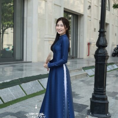 Áo dài Truyền thống lụa Vân gỗ Xanh than 4 tà