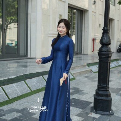 Áo dài Truyền thống lụa Vân gỗ Xanh than 4 tà