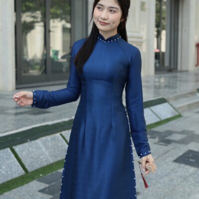 Áo dài Truyền thống lụa Vân gỗ Xanh than 4 tà