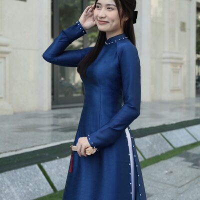 Áo dài Truyền thống lụa Vân gỗ Xanh than 4 tà