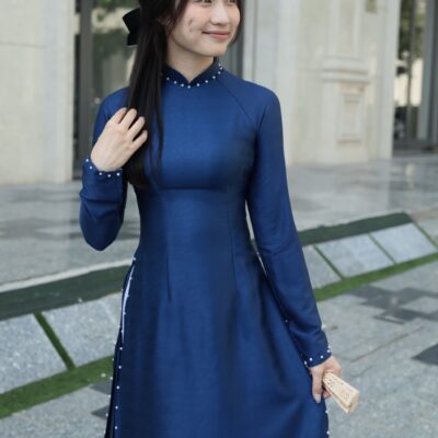 Áo dài Truyền thống lụa Vân gỗ Xanh than 4 tà